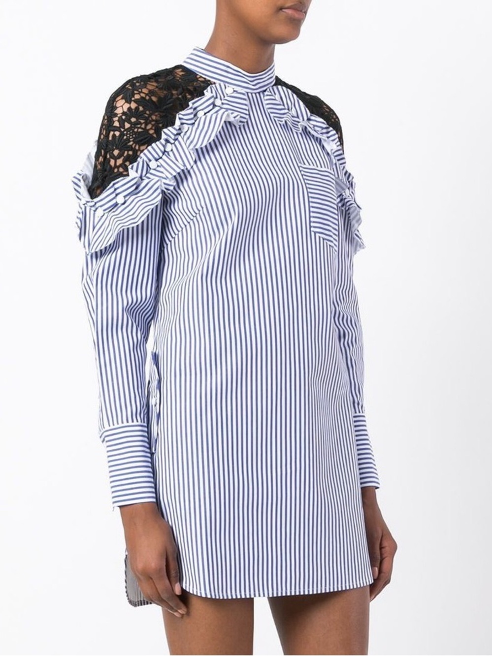 Self-Portrait Blue & White Striped Cotton Lace Ruffle Shirt Dress - US 2 (XS)